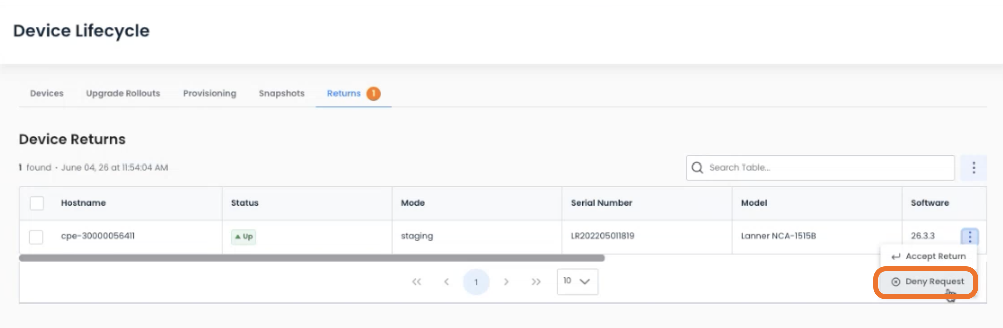 Device returns interface showing hostname, status, and deny request option.